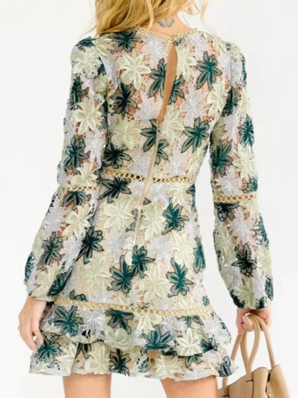 GREEN AND CREAM LONG SLEEVE FLORAL MINI DRESS WITH CROCHET AND LACE DETAILS - Picture 3 of 13
